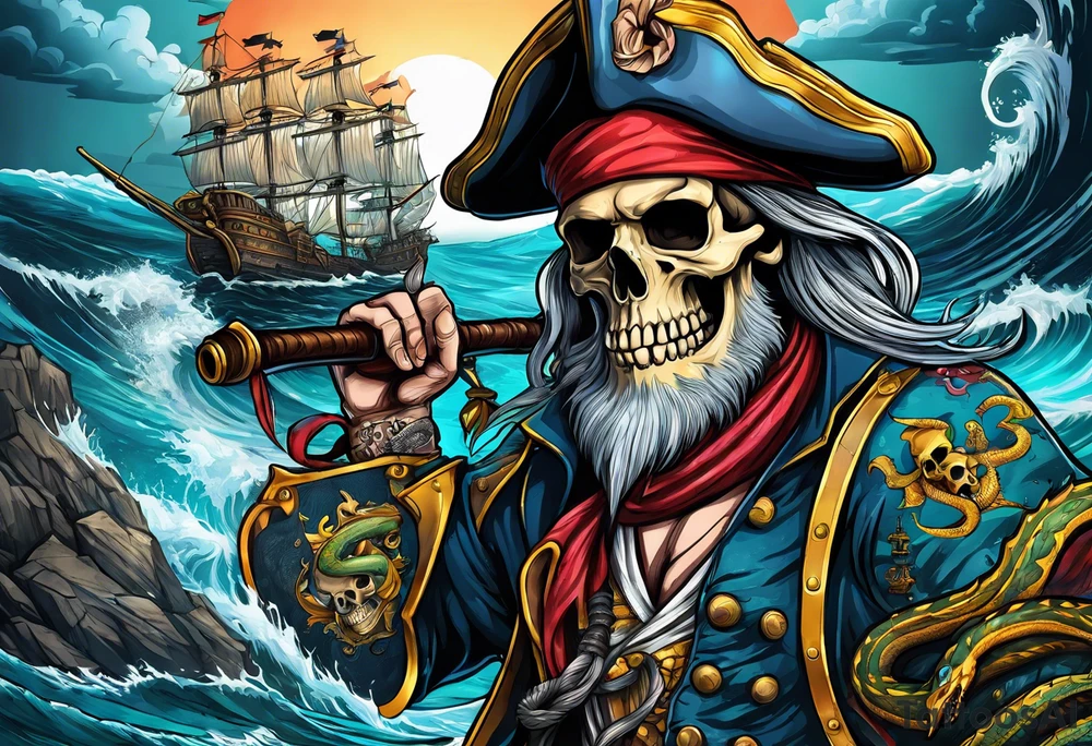 skull pirates with a sea serpent tattoo idea