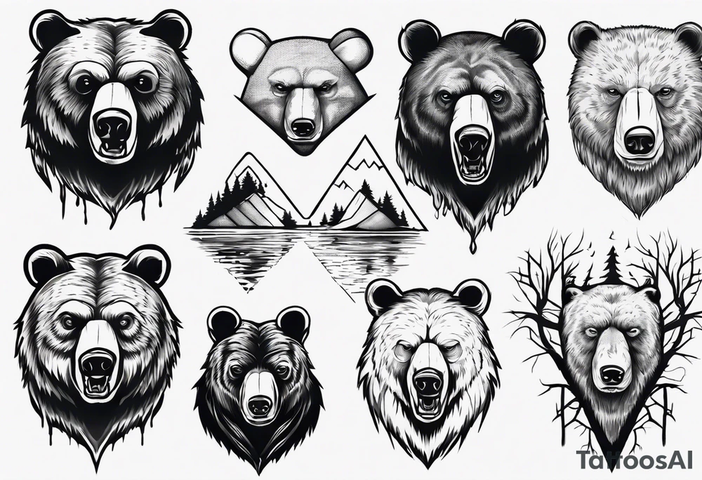 bear head, forest, lake, appalachia, arm sleeve tattoo tattoo idea