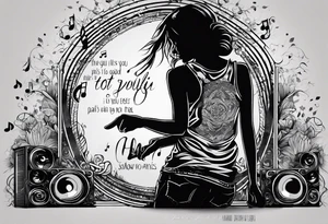 This quote “One good thing about music is when it hits you, you feel no pain” as a shadow from a girl listening to music along a dark road tattoo idea