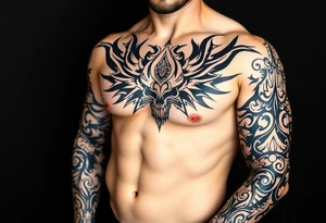 The Fiend top center piece of sleeve with tribal design surrounding covering up old tattoo tattoo idea
