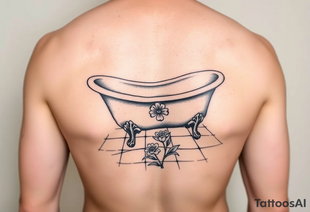 clawfoot bathtub on a tile floor and flower coming up out the floor tattoo idea