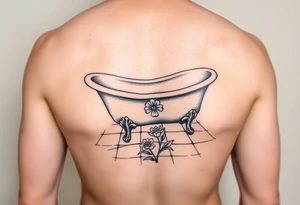 clawfoot bathtub on a tile floor and flower coming up out the floor tattoo idea