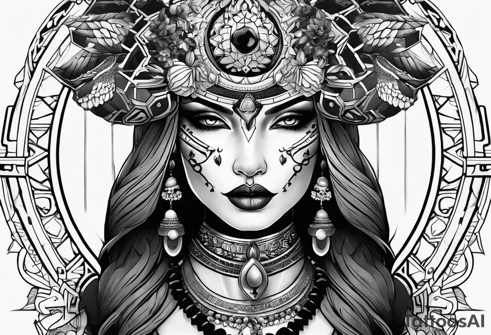 kali ma, alien goddess, valkrye, aries, pirate, divine feminine, zenza resonance, pachamama, lotus azul, blank panther, eagle, skull, 5D, nueva gaya, dna 12 tattoo idea