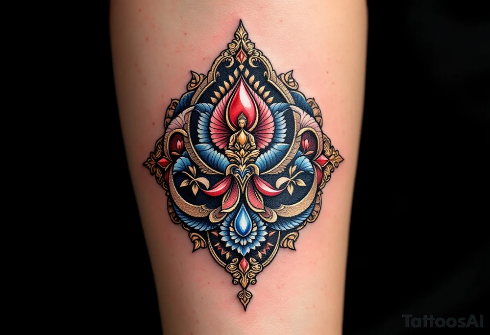 Three jewels symbol in crimson, blue, and gold, representing Buddha, Dharma, and Sangha. tattoo idea