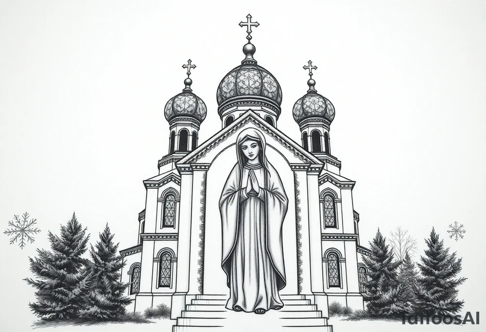 Russian orthodox church with bulb domes with a prominent russian orthodox style virgin mary stood outside with hands together tattoo idea