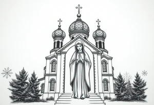 Russian orthodox church with bulb domes with a prominent russian orthodox style virgin mary stood outside with hands together tattoo idea