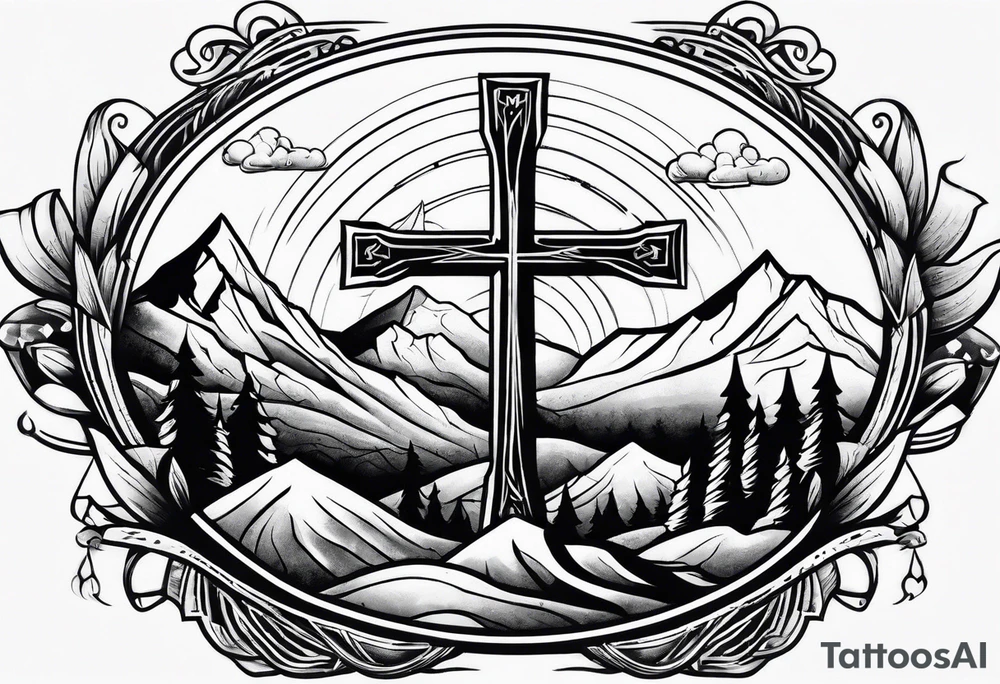 cross with mountains tattoo idea