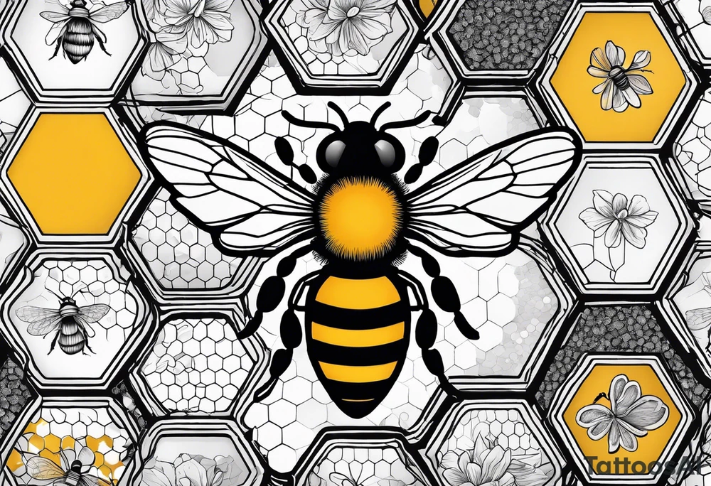 Bee surrounded by honeycombs but the honeycombs are made up of molecules like dopamine and serotonin and oxytocin tattoo idea