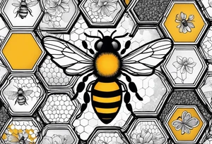 Bee surrounded by honeycombs but the honeycombs are made up of molecules like dopamine and serotonin and oxytocin tattoo idea