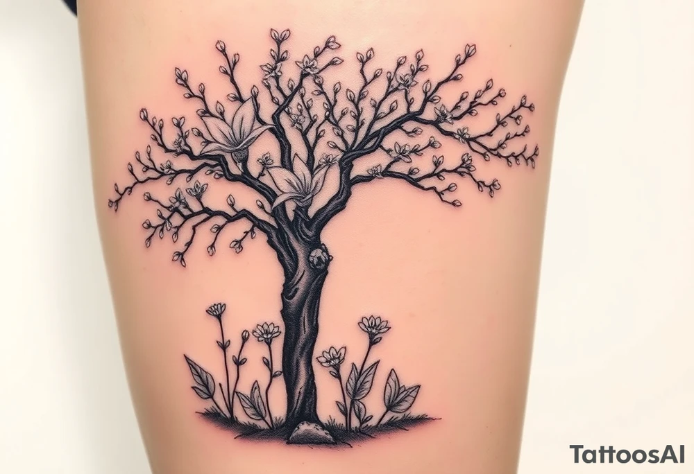 Lilly of the vally plants underneath a blooming hawthorn tree tattoo idea