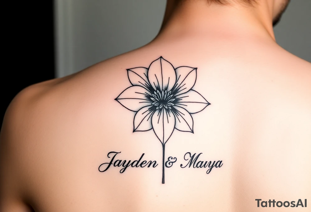 January December birth Flower with infinity sign and the names Jayden and Maya tattoo idea