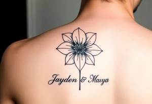 January December birth Flower with infinity sign and the names Jayden and Maya tattoo idea