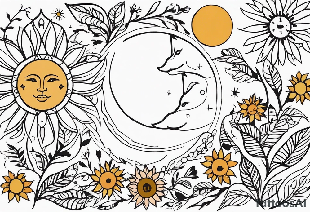 moon and sun painted with Anishinaabe floral all over tattoo idea