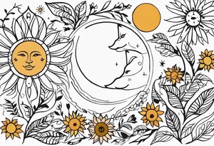 moon and sun painted with Anishinaabe floral all over tattoo idea