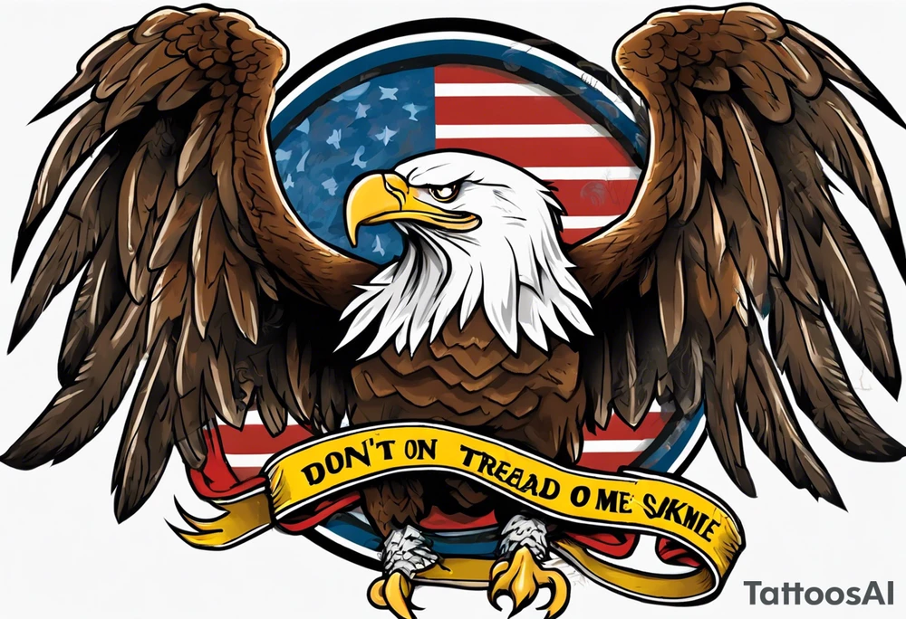 American traditional Bald Eagle carrying a snake in its talons, with a banner reading “don't tread on me” tattoo idea