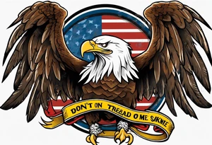 American traditional Bald Eagle carrying a snake in its talons, with a banner reading “don't tread on me” tattoo idea