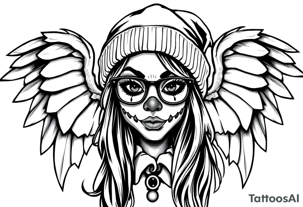 Clown Girl eye glasses long hair
Thug Beanie Angelic Wings tattoo idea