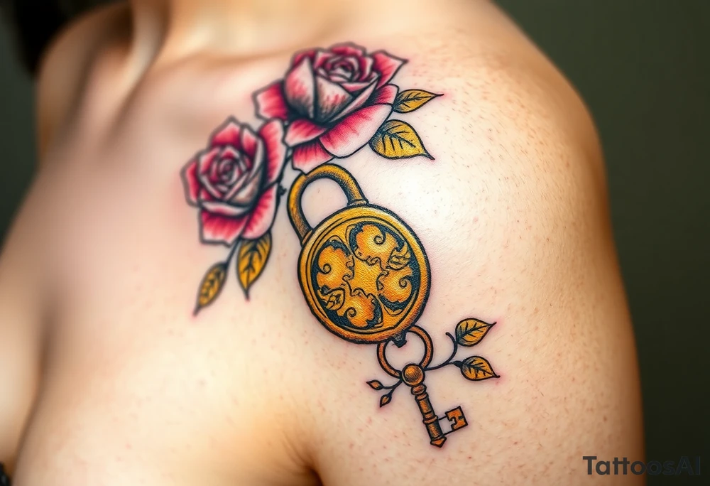 A rose-covered golden lock with a floral-shaped key lying nearby, with vines wrapping gently around them tattoo idea