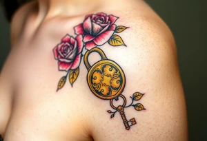 A rose-covered golden lock with a floral-shaped key lying nearby, with vines wrapping gently around them tattoo idea