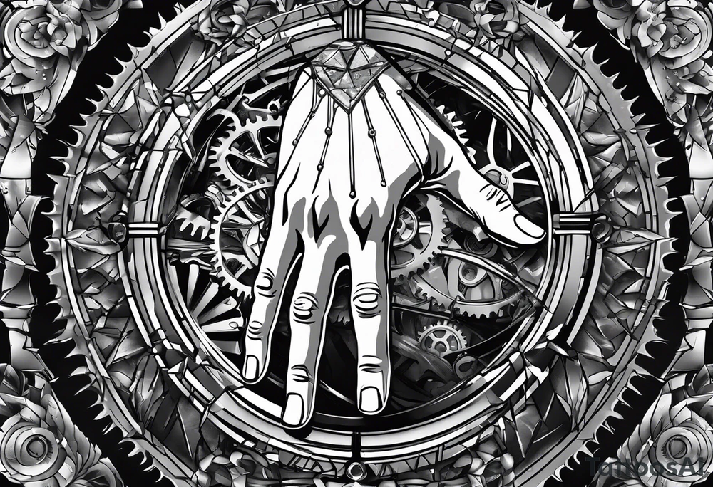 shattered glass with a hand reaching out and the finger pointing to the center of glass appearing as if to shatter it and theres gears revealed underneath the shattered glass tattoo idea