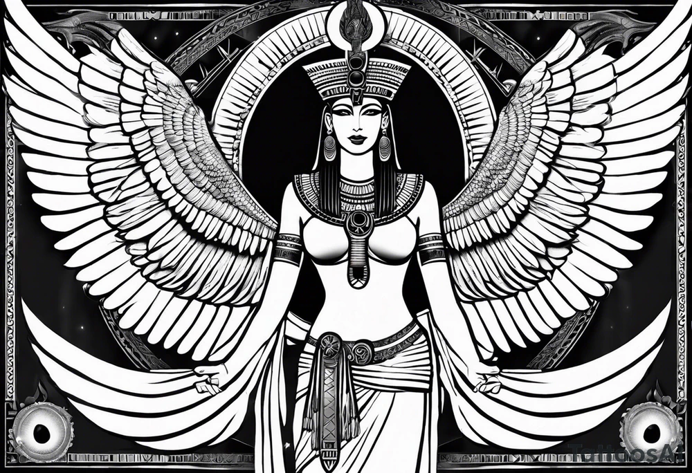 blank and white Egyptian goddess Isis, who is often depicted as a woman with outstretched wings, holding an ankh (a symbol of life) in one hand and a lotus flower in the other. Her headdress often includes a throne or a solar disk. The tattoo design can vary in style and size, but it typically aims to capture the essence of this revered Egyptian deity, emphasizing her beauty, power, and maternal qualities. The choice of colors and additional elements can also be customized to create a unique and visually striking representation of the goddess Isis tattoo idea