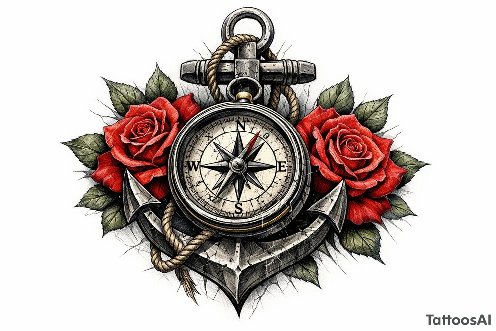 a compass,anchor,roses. tattoo idea