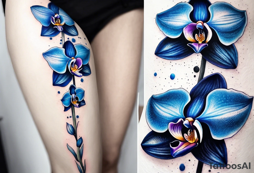 Long blue orchid with extra details tattoo idea