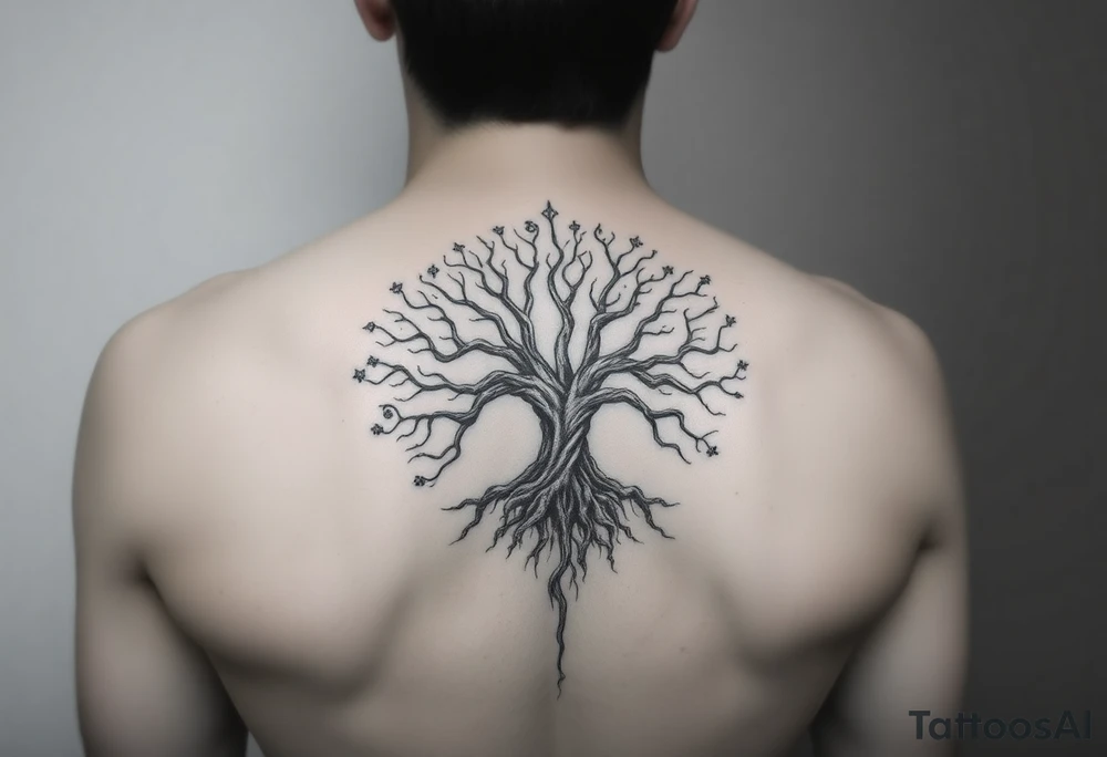 mystical tree of life with cosmic roots and celestial branches tattoo idea