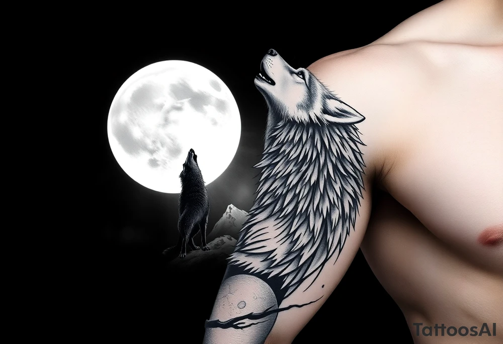 lone wolf howling at full moon with northern lights backdrop tattoo idea