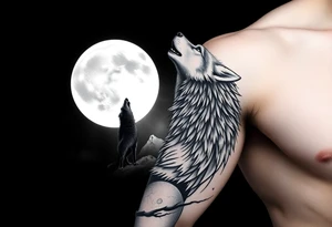 lone wolf howling at full moon with northern lights backdrop tattoo idea