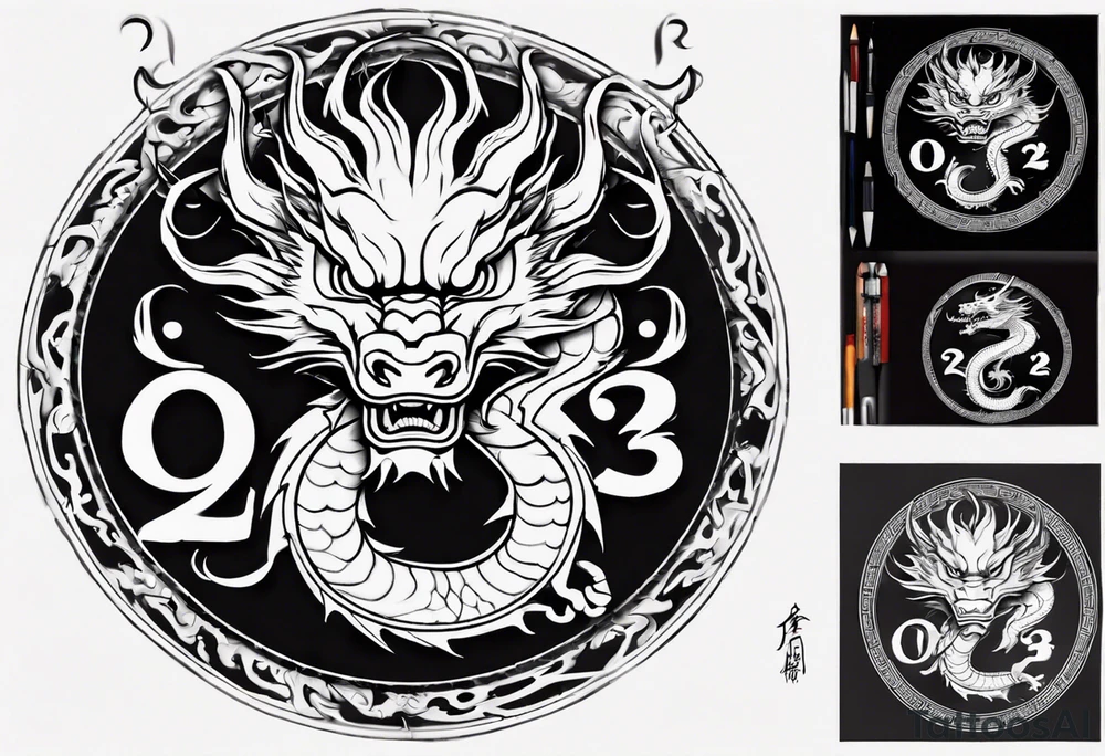Chinese dragon in a circular shape with "02.03" written on its skin tattoo idea