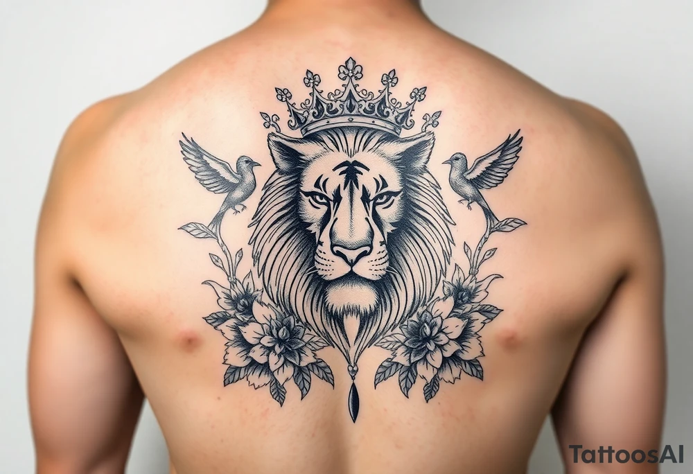 powerful majestic lion with a crown, surrounded by floral ornaments and birds tattoo idea