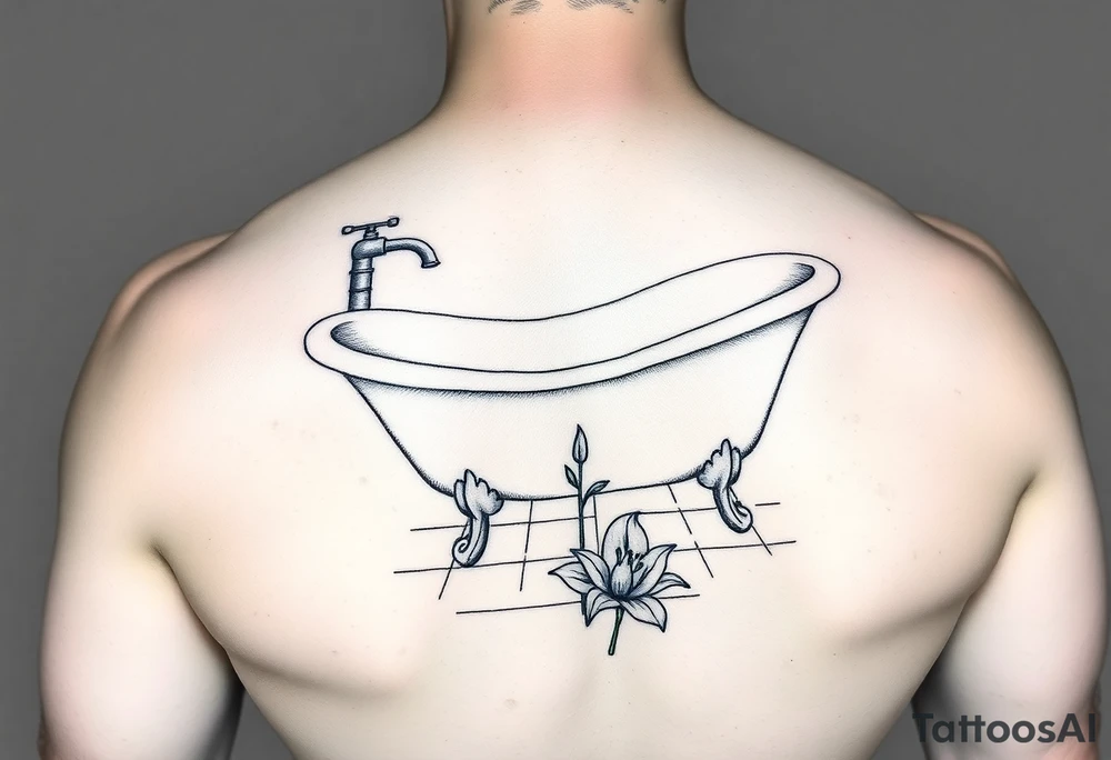 clawfoot bathtub with simple faucet and lily coming up out of the tile floor tattoo idea