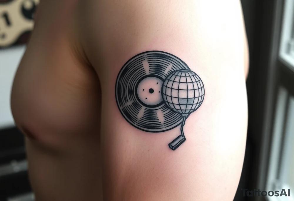 vinyl record player with a smaller disco ball to the side of it tattoo idea