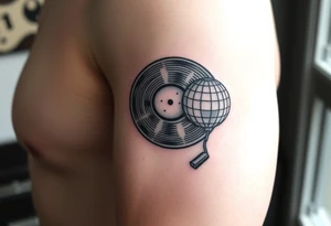 vinyl record player with a smaller disco ball to the side of it tattoo idea