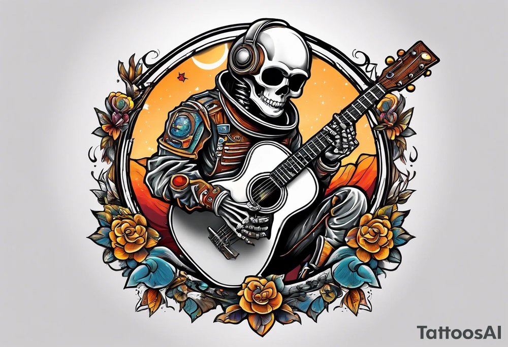 Skeleton astronaut playing acoustic guitar tattoo idea