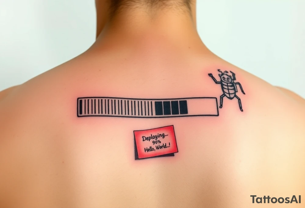 "Funny tattoo of a loading bar stuck at 99% with the text 'Deploying...'"

"Tattoo of a cute robot with the text 'Hello, World!'"

"Tattoo of a bug with a red 'FIX ME' sticky note on it"

"Tattoo of coffee cup with 'while (!asleep) { code(); }'"

"Tattoo of a 404 Error: Tattoo Not Found" tattoo idea