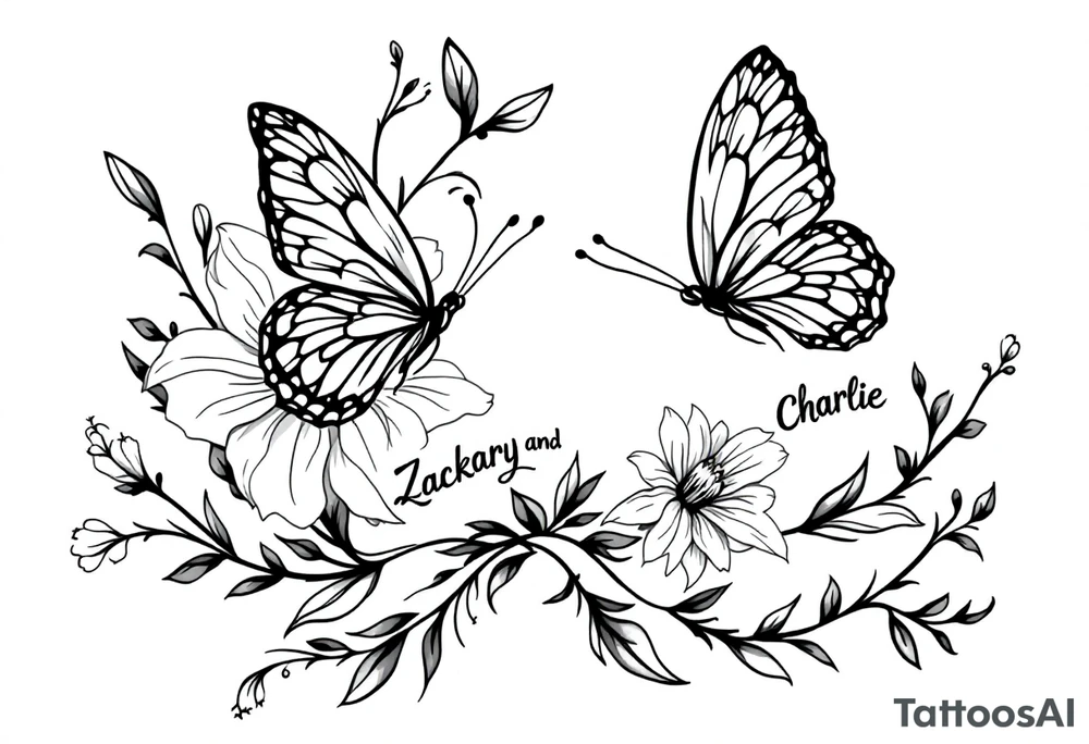 A delicate and highly detailed tattoo design featuring elegant flowers and two butterflies, symbolizing family, love, and the bond between a mother and her children. The flowers, such as lilies or peonies, represent protection, beauty, and unconditional love. Two butterflies gracefully flying around the flowers symbolize the children, Zackary and Charlie, representing their growth and freedom. Their names should be subtly integrated into the design, either along the stems of the flowers, within the butterfly wings, or in an elegant script flowing naturally with the composition. tattoo idea