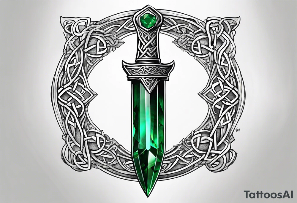 A Celtic athame dagger with the hilt turned upward and an emerald gemstone on the hilt not on the blade tattoo idea