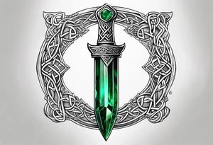 A Celtic athame dagger with the hilt turned upward and an emerald gemstone on the hilt not on the blade tattoo idea