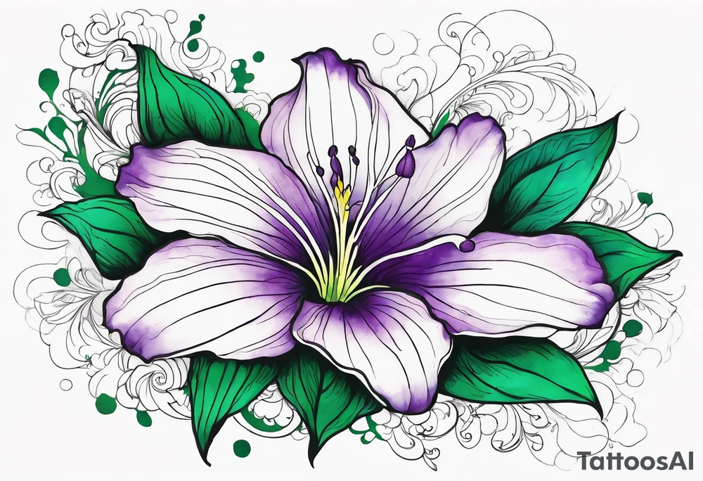 An outline of a rio dipladenia flower with a green and purple watercolor splash in the background tattoo idea