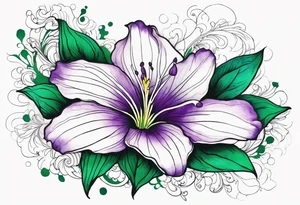 An outline of a rio dipladenia flower with a green and purple watercolor splash in the background tattoo idea