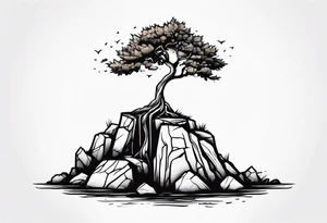 Tree growing out of stone cliff with roots creating cracks tattoo idea