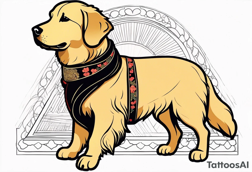 a golden retriever in a kimono full body view wearing a black belt tattoo idea
