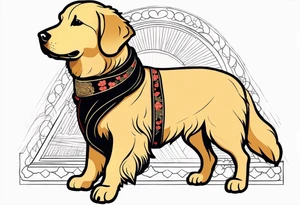 a golden retriever in a kimono full body view wearing a black belt tattoo idea