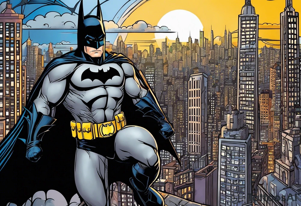 Batman with Batman-Logo and Gotham city in background. Bat signal is active. Batman ist swinging around in the city tattoo idea