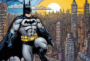 Batman with Batman-Logo and Gotham city in background. Bat signal is active. Batman ist swinging around in the city tattoo idea