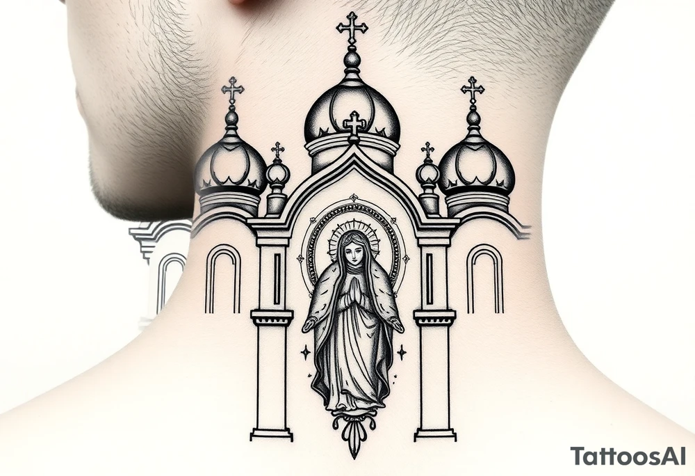 medium sized Russian orthodox church with bulb domes with a prominent russian orthodox coat of arms mosaic virgin mary tattoo idea