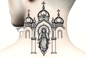 medium sized Russian orthodox church with bulb domes with a prominent russian orthodox coat of arms mosaic virgin mary tattoo idea