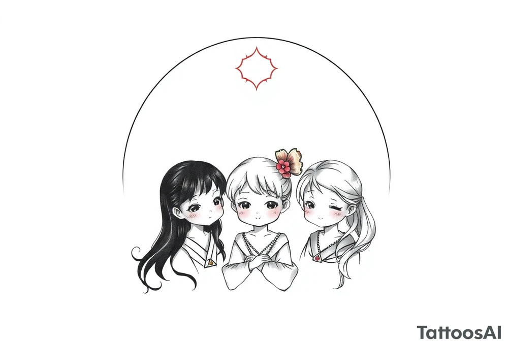 3 petites filles ( une cheveux noir et deux blondes)
sous un arc en ciel incomplet tattoo idea